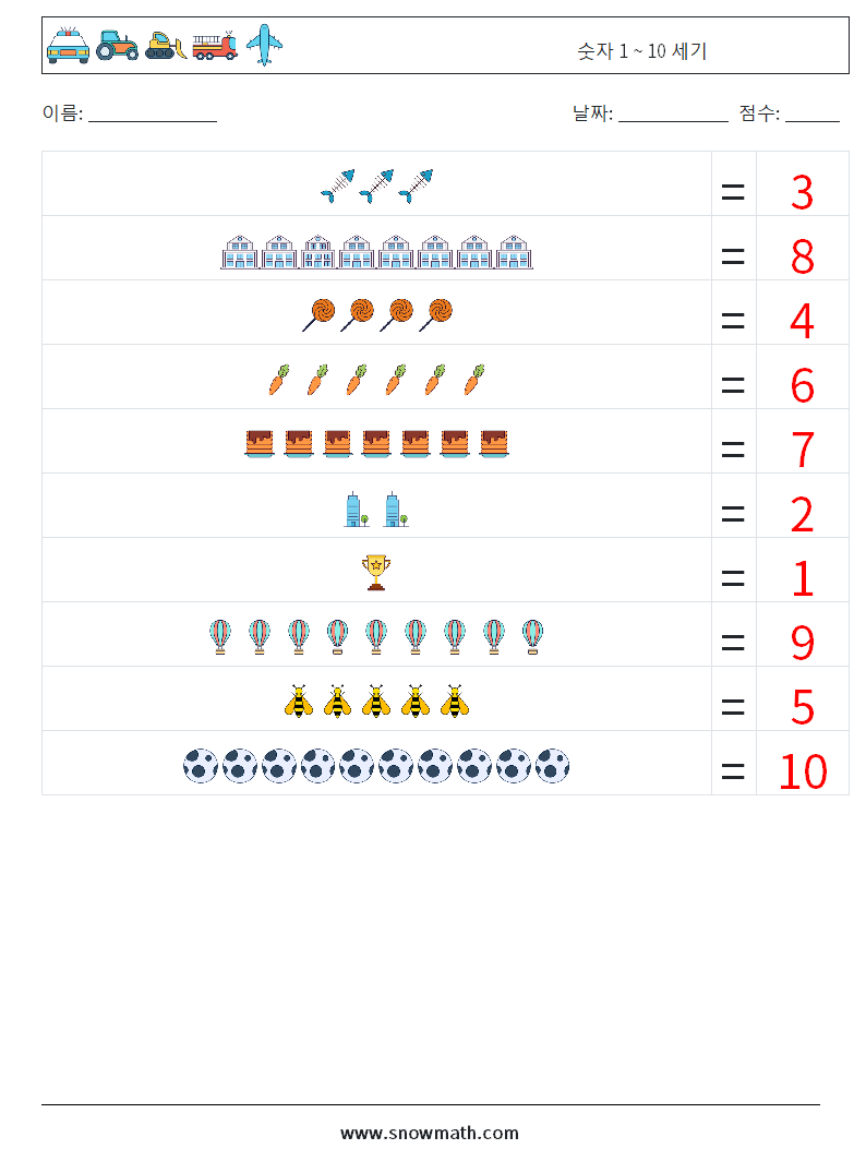 숫자 1 ~ 10 세기 수학 워크시트 2 질문, 답변