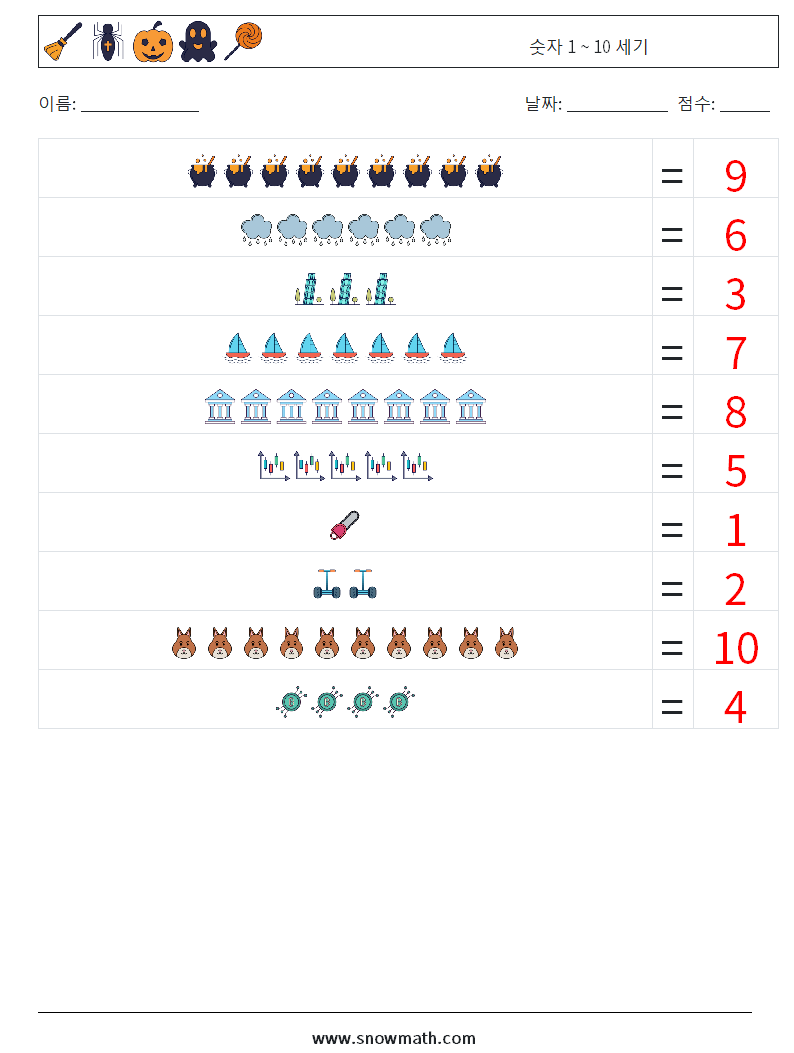 숫자 1 ~ 10 세기 수학 워크시트 3 질문, 답변