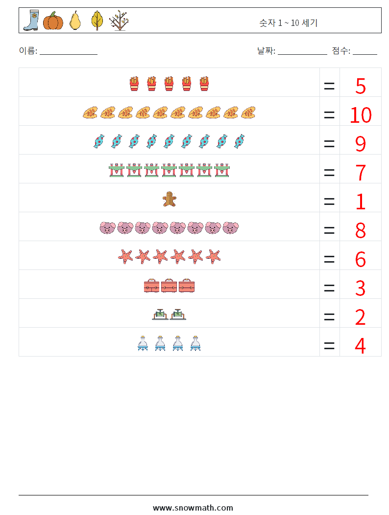 숫자 1 ~ 10 세기 수학 워크시트 4 질문, 답변