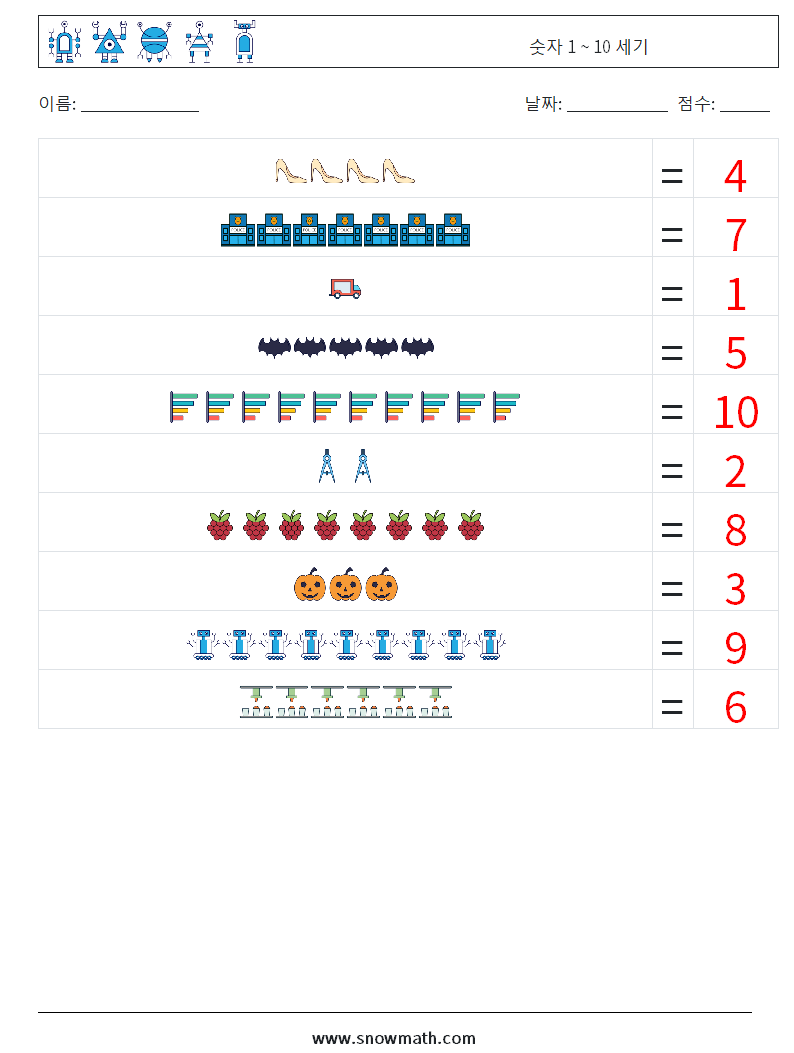 숫자 1 ~ 10 세기 수학 워크시트 5 질문, 답변