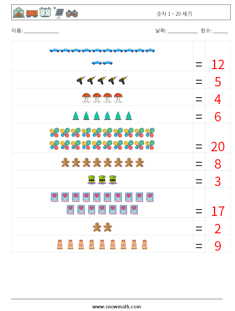 숫자 1 ~ 20 세기 수학 워크시트 14 질문, 답변