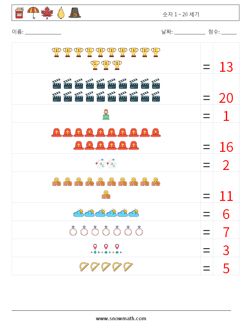 숫자 1 ~ 20 세기 수학 워크시트 18 질문, 답변