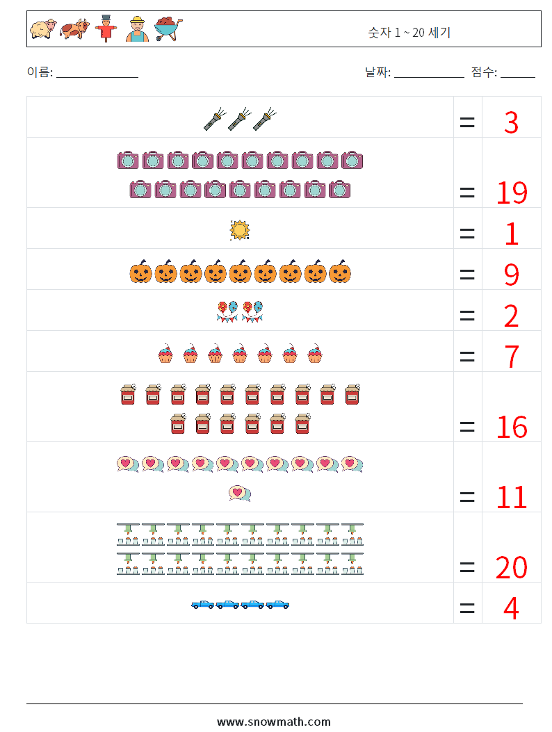 숫자 1 ~ 20 세기 수학 워크시트 5 질문, 답변