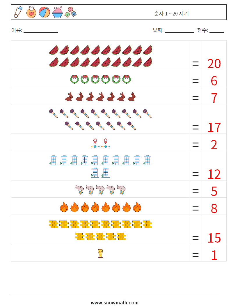 숫자 1 ~ 20 세기 수학 워크시트 6 질문, 답변