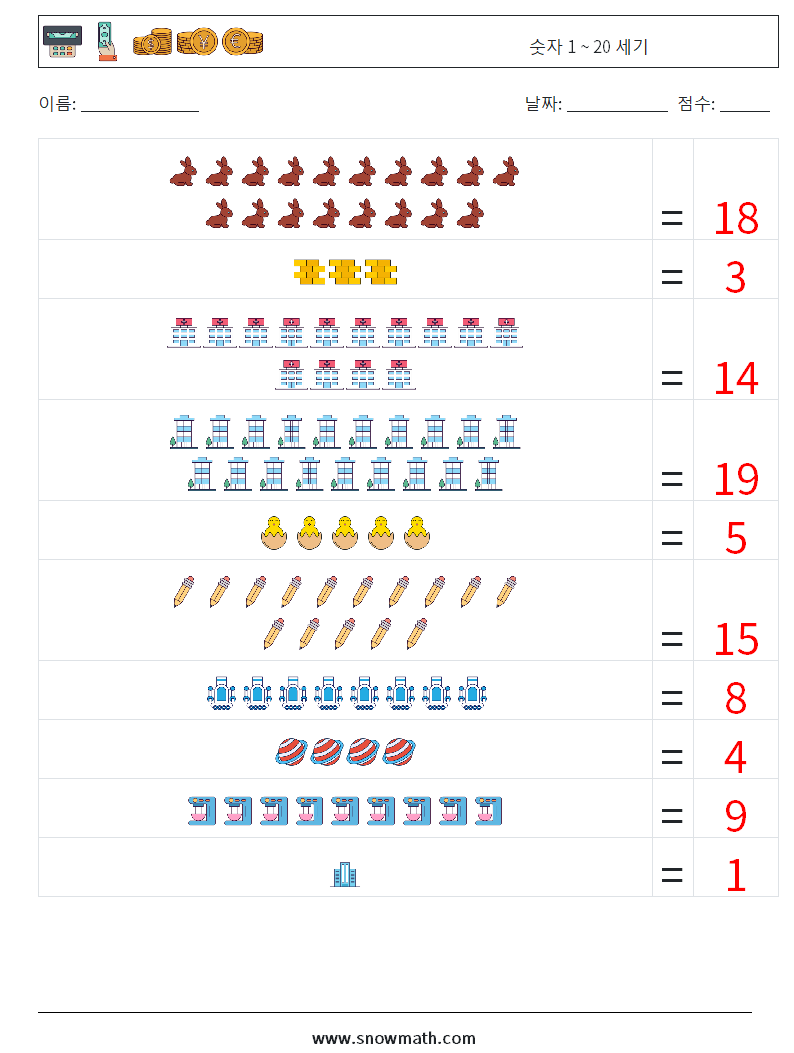 숫자 1 ~ 20 세기 수학 워크시트 8 질문, 답변