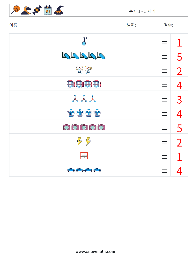 숫자 1 ~ 5 세기 수학 워크시트 14 질문, 답변