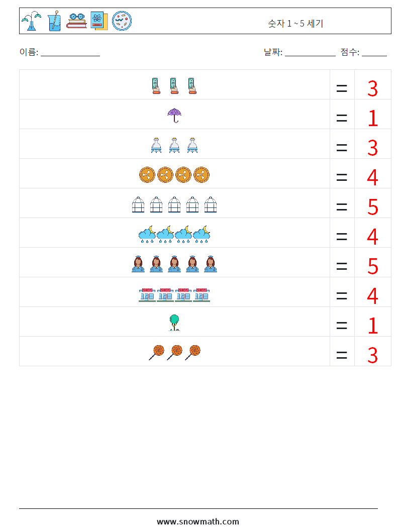 숫자 1 ~ 5 세기 수학 워크시트 8 질문, 답변