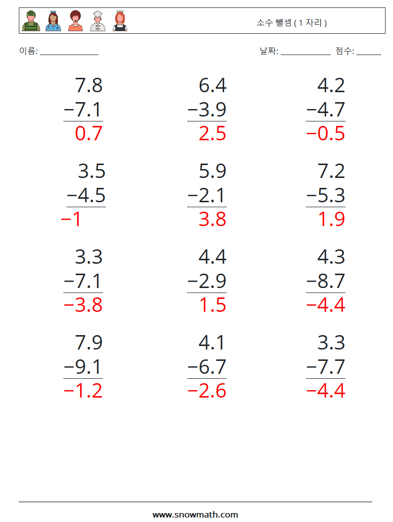 (12) 소수 뺄셈 ( 1 자리 ) 수학 워크시트 6 질문, 답변