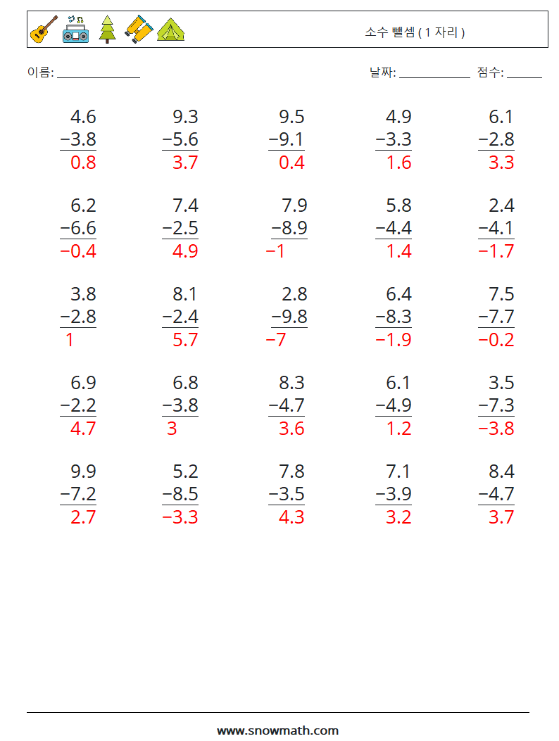 (25) 소수 뺄셈 ( 1 자리 ) 수학 워크시트 14 질문, 답변