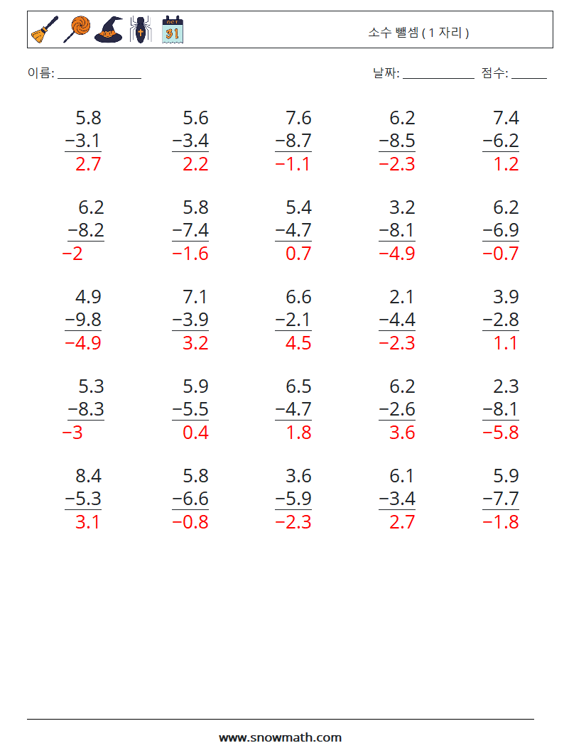 (25) 소수 뺄셈 ( 1 자리 ) 수학 워크시트 17 질문, 답변