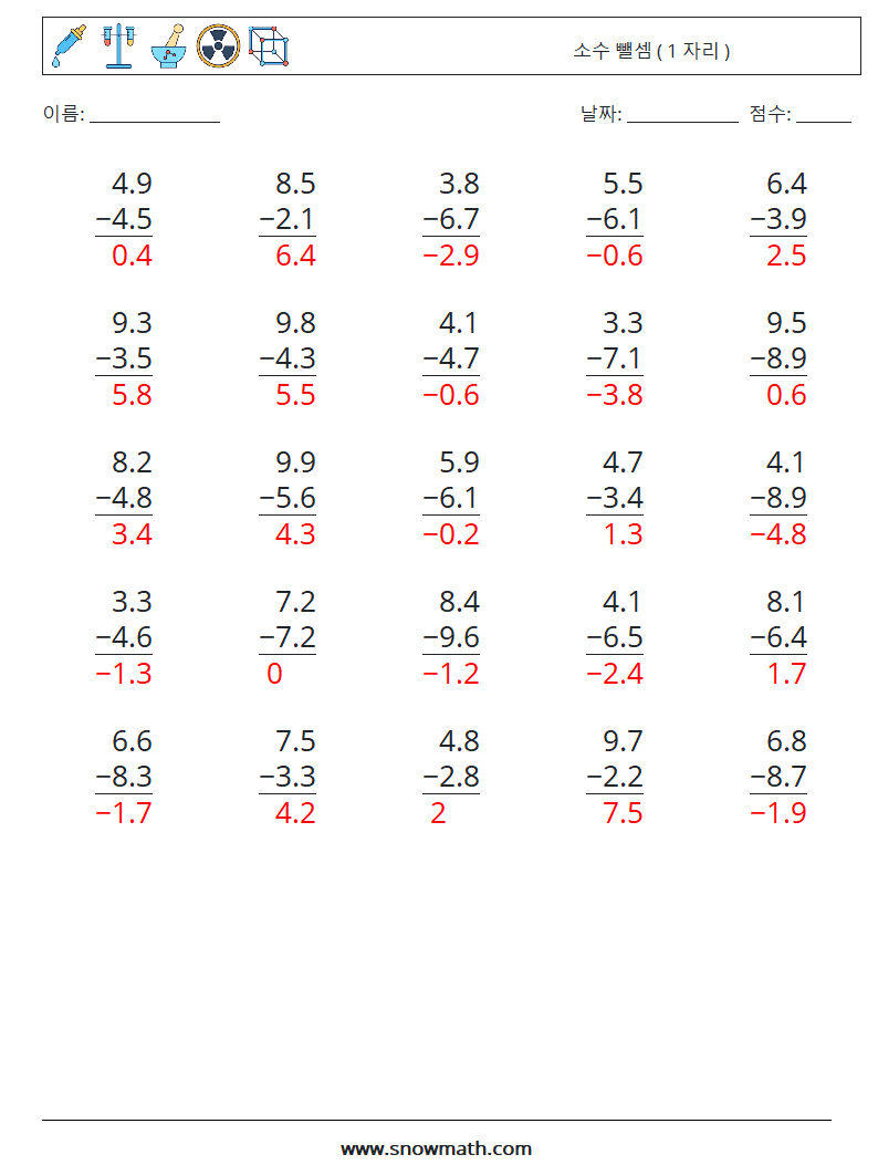 (25) 소수 뺄셈 ( 1 자리 ) 수학 워크시트 3 질문, 답변