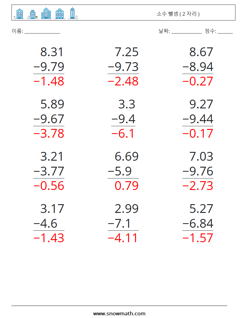 (12) 소수 뺄셈 ( 2 자리 ) 수학 워크시트 2 질문, 답변