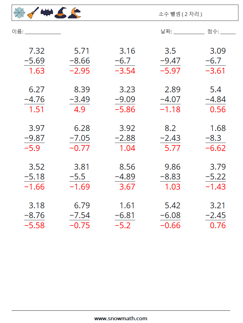 (25) 소수 뺄셈 ( 2 자리 ) 수학 워크시트 18 질문, 답변