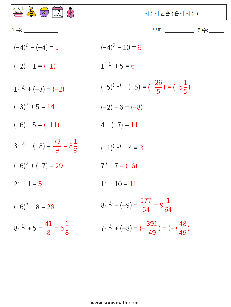  지수의 산술 ( 음의 지수 ) 수학 워크시트 3 질문, 답변