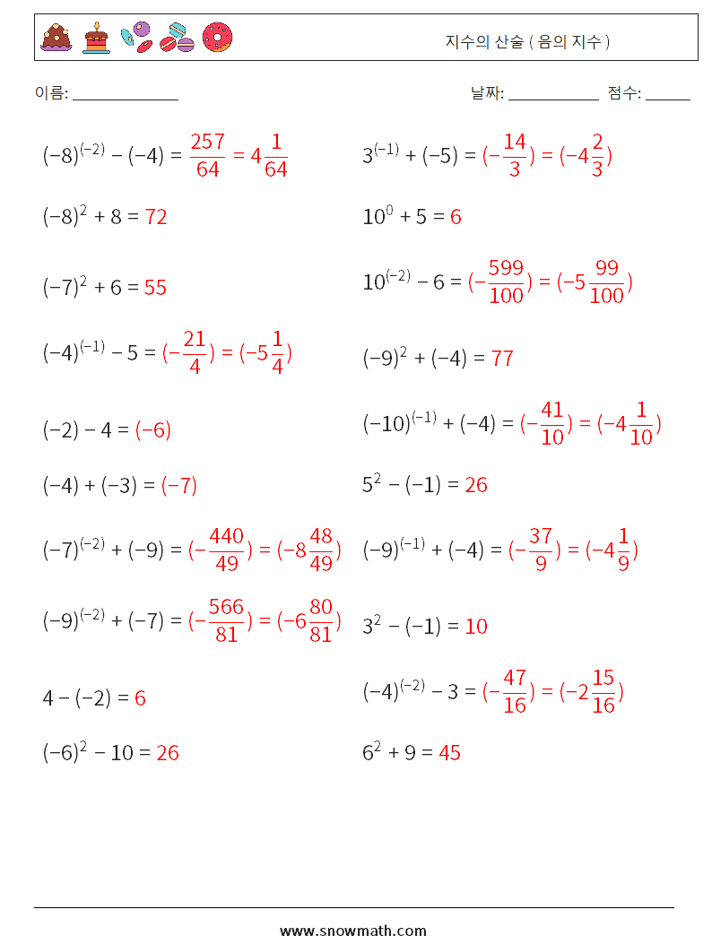  지수의 산술 ( 음의 지수 ) 수학 워크시트 6 질문, 답변