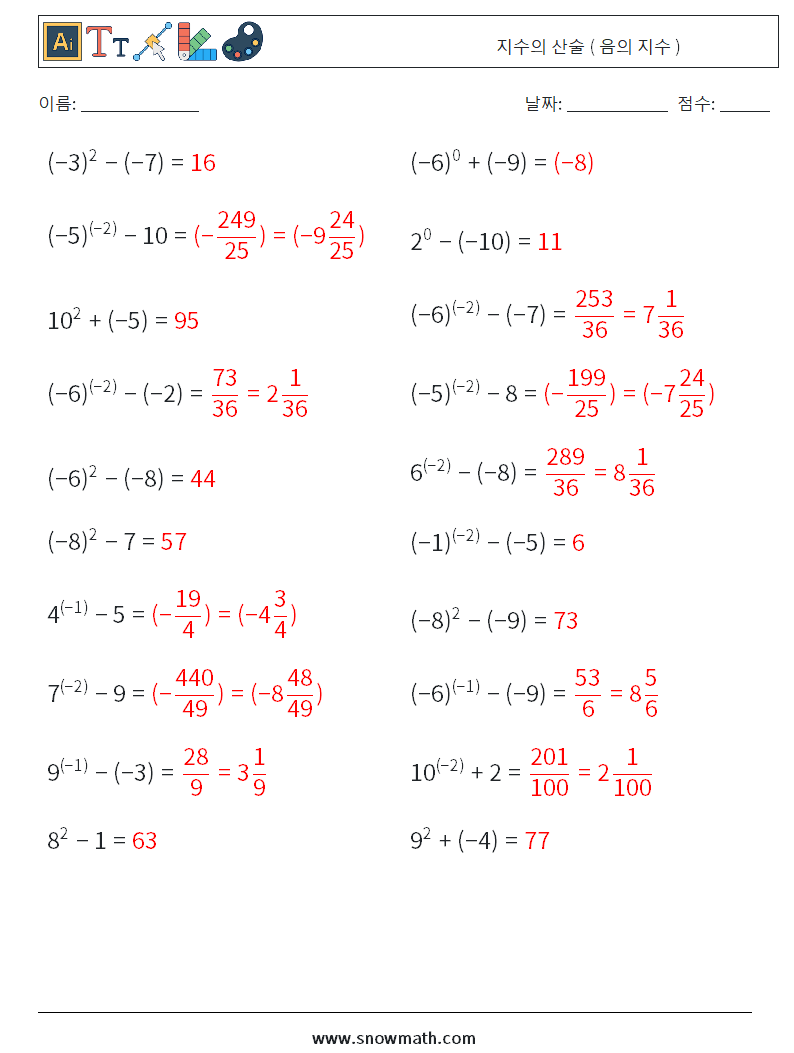  지수의 산술 ( 음의 지수 ) 수학 워크시트 8 질문, 답변