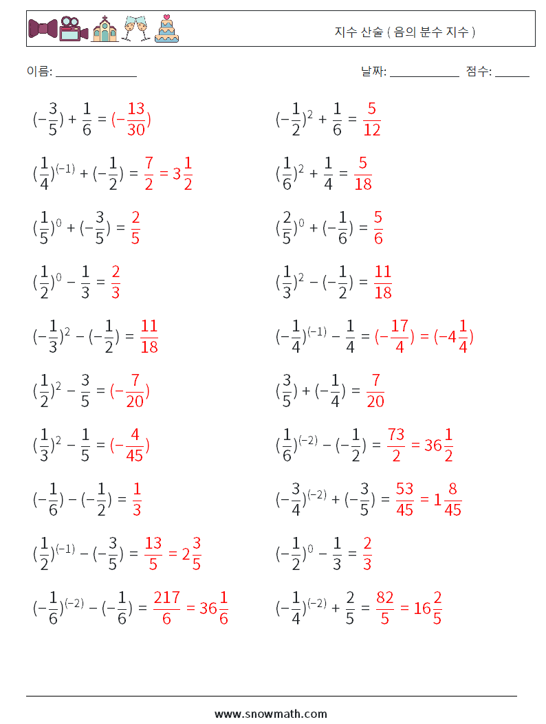  지수 산술 ( 음의 분수 지수 ) 수학 워크시트 2 질문, 답변