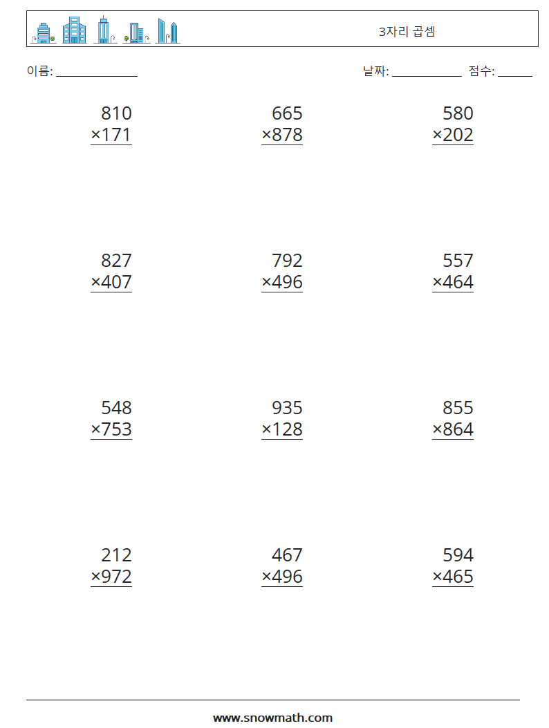 (12) 3자리 곱셈 수학 워크시트 11