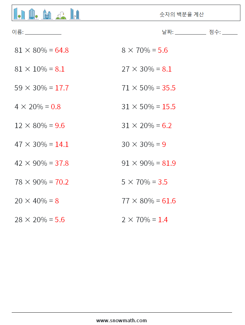 숫자의 백분율 계산 수학 워크시트 9 질문, 답변
