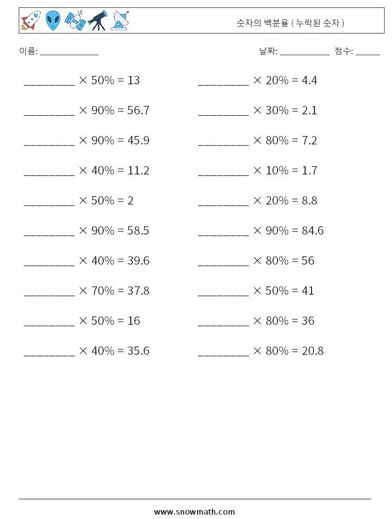 숫자의 백분율 ( 누락된 숫자 ) 수학 워크시트 1