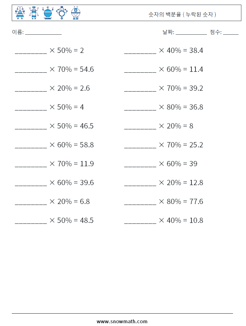 숫자의 백분율 ( 누락된 숫자 ) 수학 워크시트 2