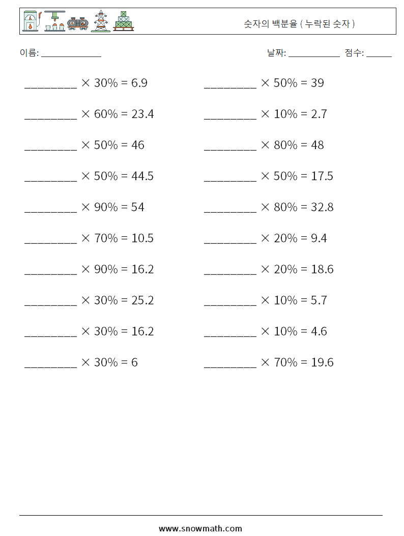 숫자의 백분율 ( 누락된 숫자 ) 수학 워크시트 3