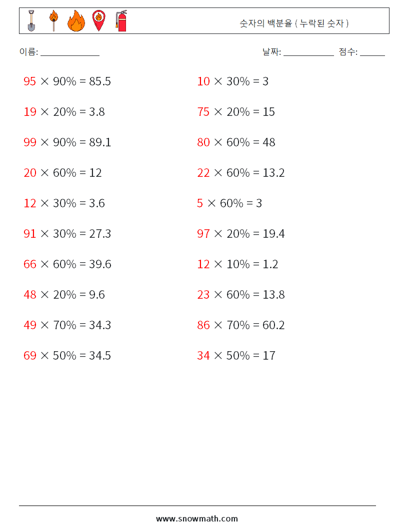 숫자의 백분율 ( 누락된 숫자 ) 수학 워크시트 6 질문, 답변