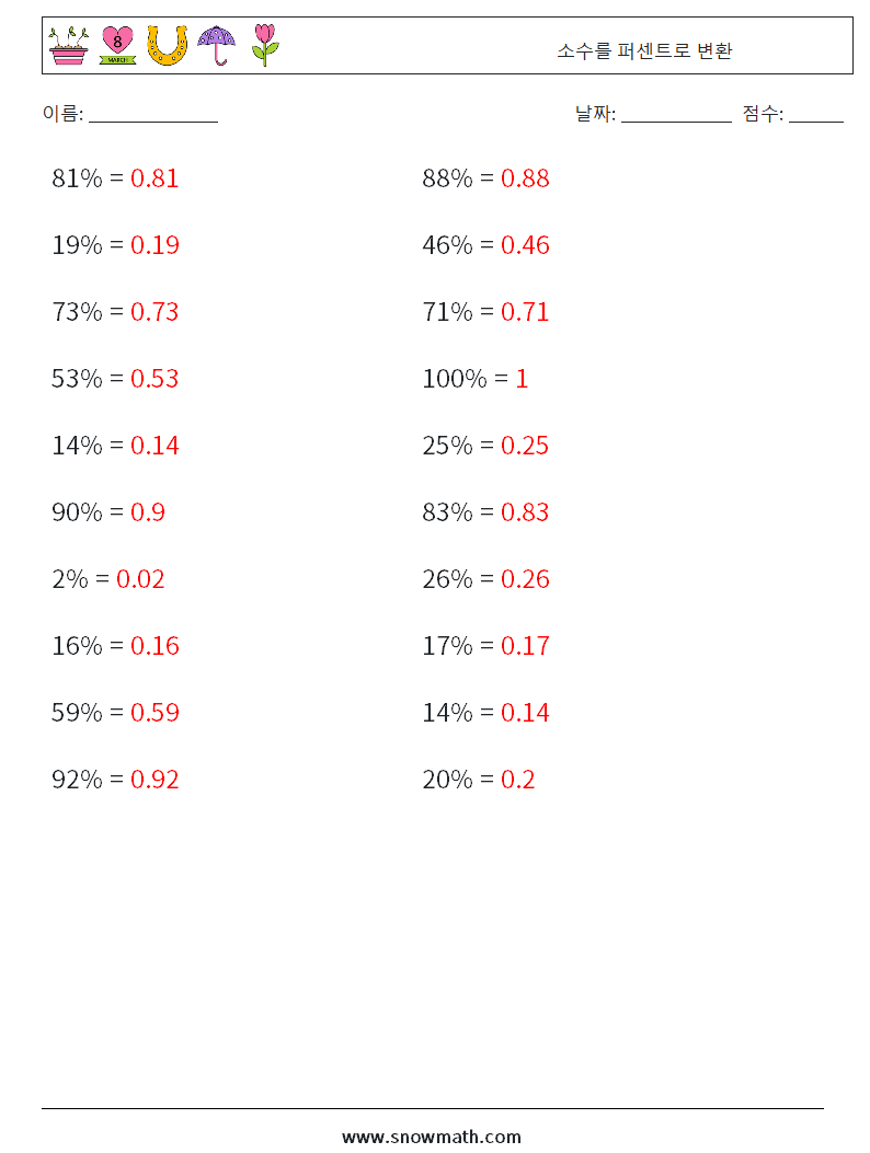 소수를 퍼센트로 변환 수학 워크시트 8 질문, 답변