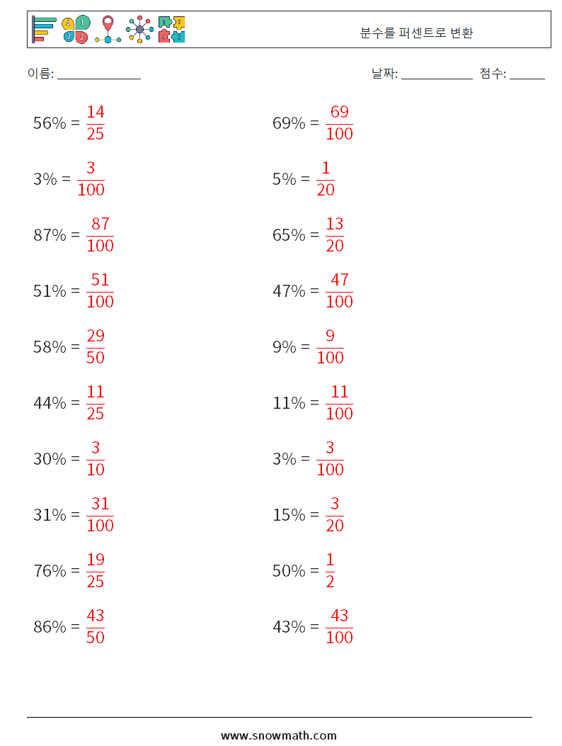 분수를 퍼센트로 변환 수학 워크시트 7 질문, 답변