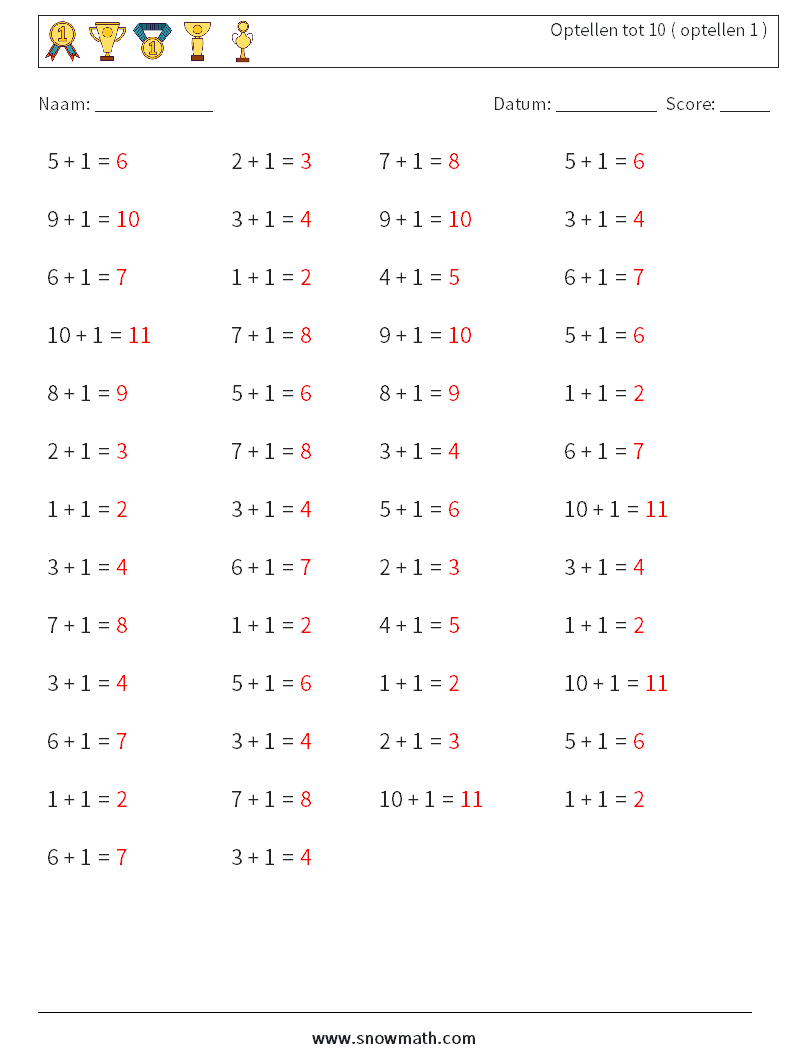 (50) Optellen tot 10 ( optellen 1 ) Wiskundige werkbladen 1 Vraag, Antwoord