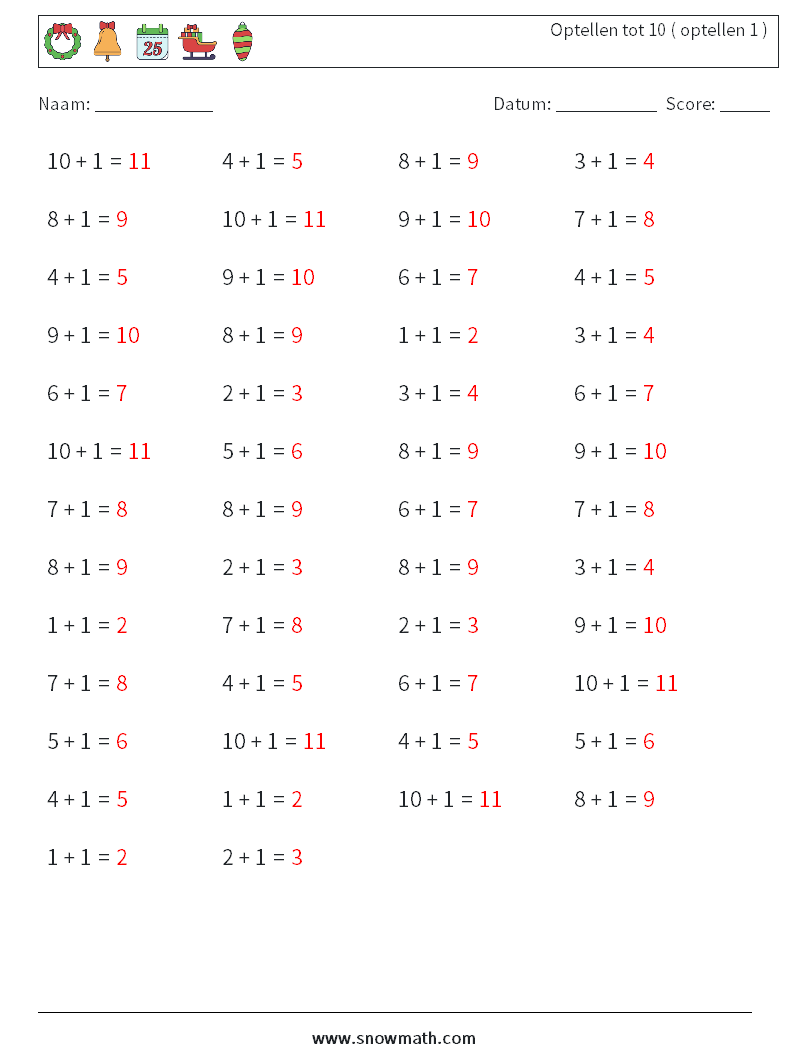 (50) Optellen tot 10 ( optellen 1 ) Wiskundige werkbladen 2 Vraag, Antwoord