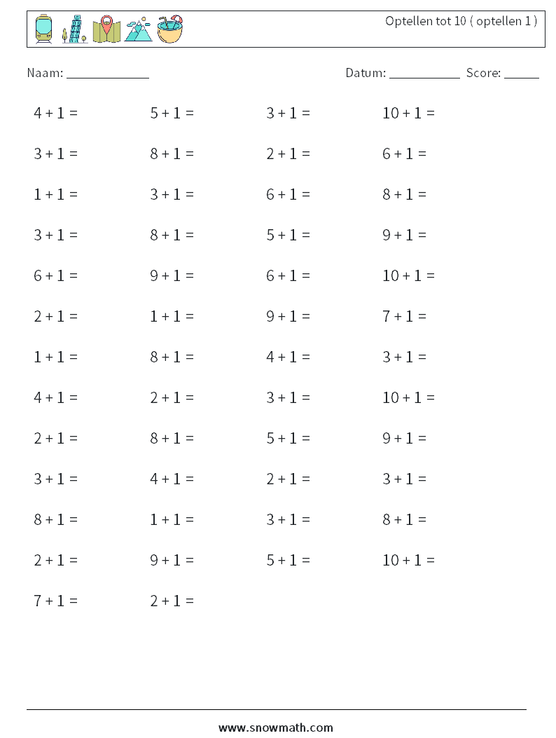 (50) Optellen tot 10 ( optellen 1 ) Wiskundige werkbladen 3