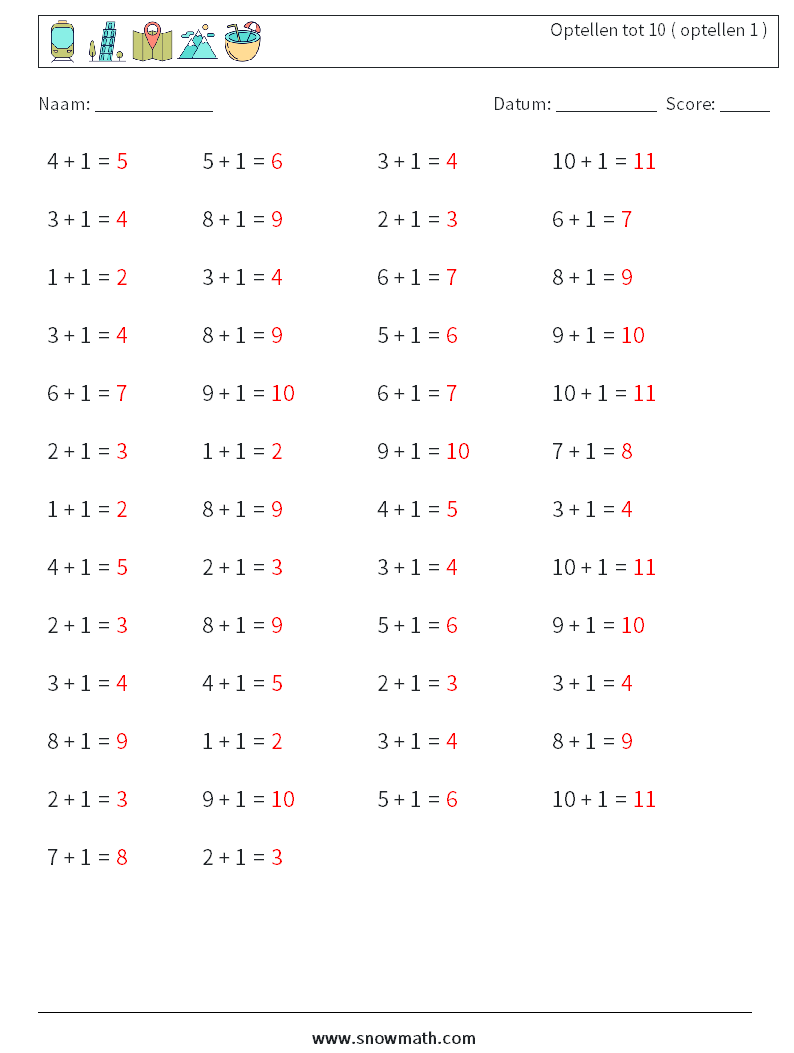 (50) Optellen tot 10 ( optellen 1 ) Wiskundige werkbladen 3 Vraag, Antwoord