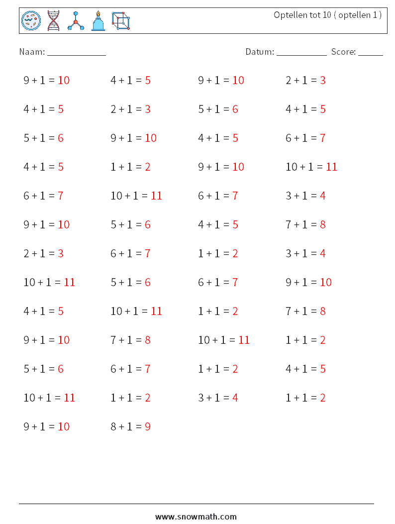 (50) Optellen tot 10 ( optellen 1 ) Wiskundige werkbladen 4 Vraag, Antwoord