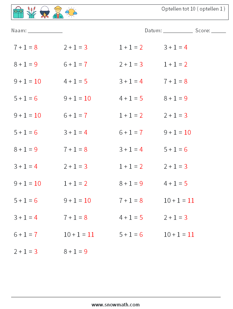 (50) Optellen tot 10 ( optellen 1 ) Wiskundige werkbladen 5 Vraag, Antwoord