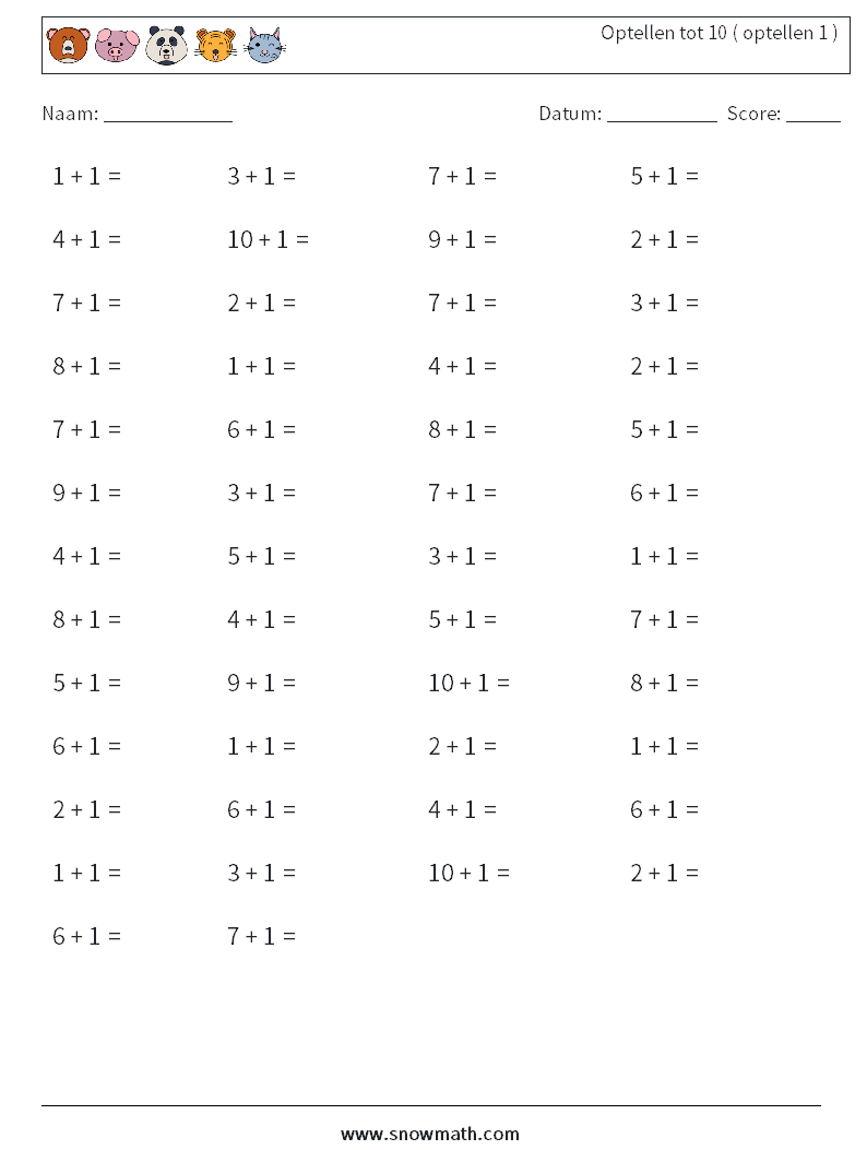 (50) Optellen tot 10 ( optellen 1 ) Wiskundige werkbladen 6