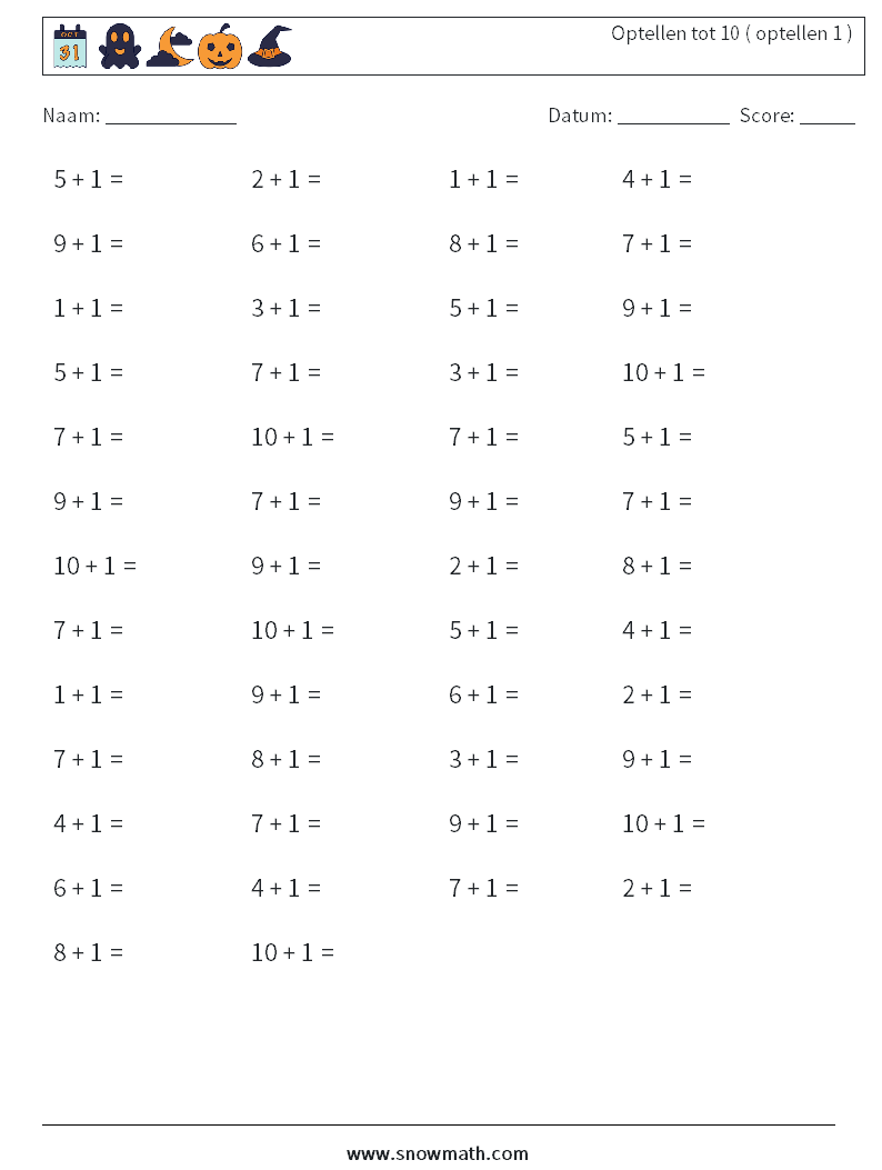 (50) Optellen tot 10 ( optellen 1 ) Wiskundige werkbladen 7