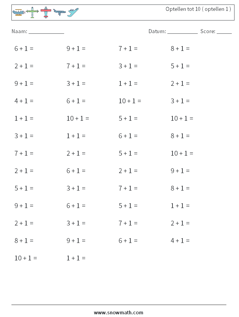 (50) Optellen tot 10 ( optellen 1 ) Wiskundige werkbladen 8
