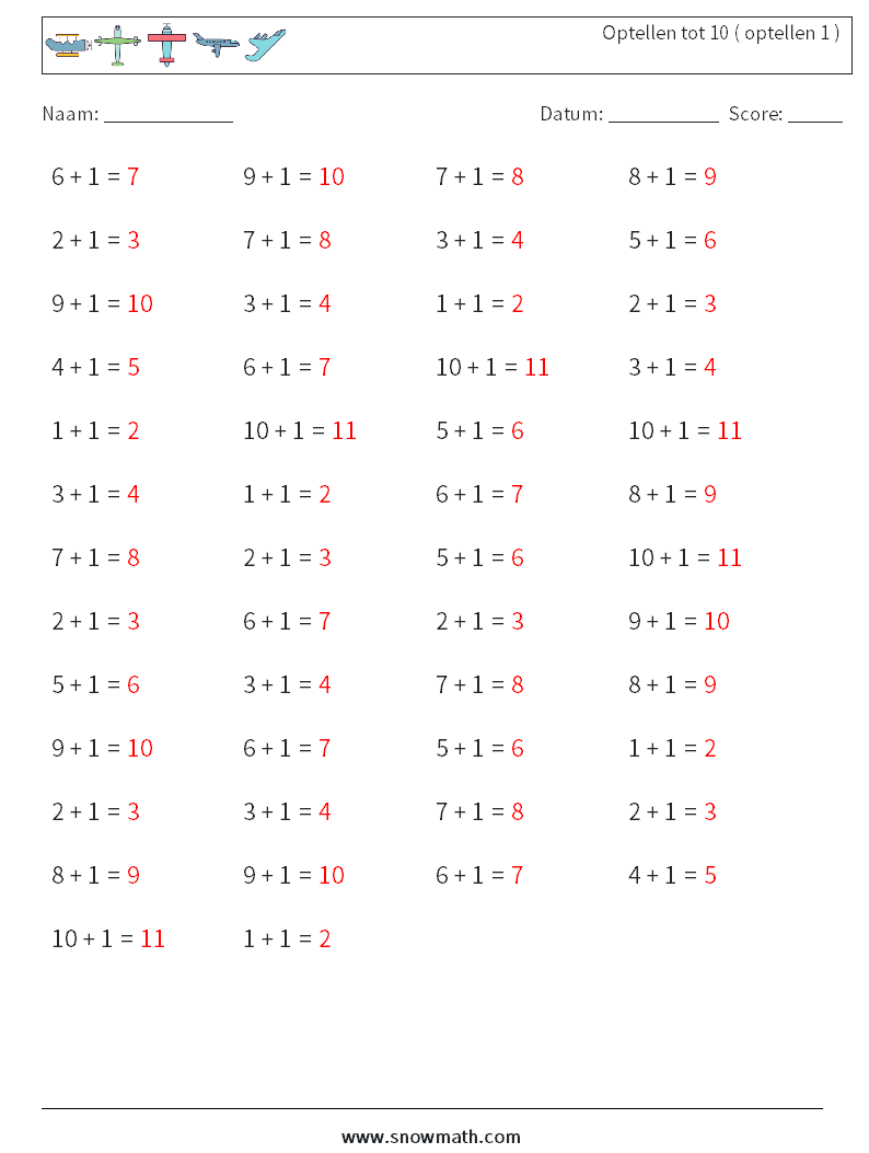 (50) Optellen tot 10 ( optellen 1 ) Wiskundige werkbladen 8 Vraag, Antwoord