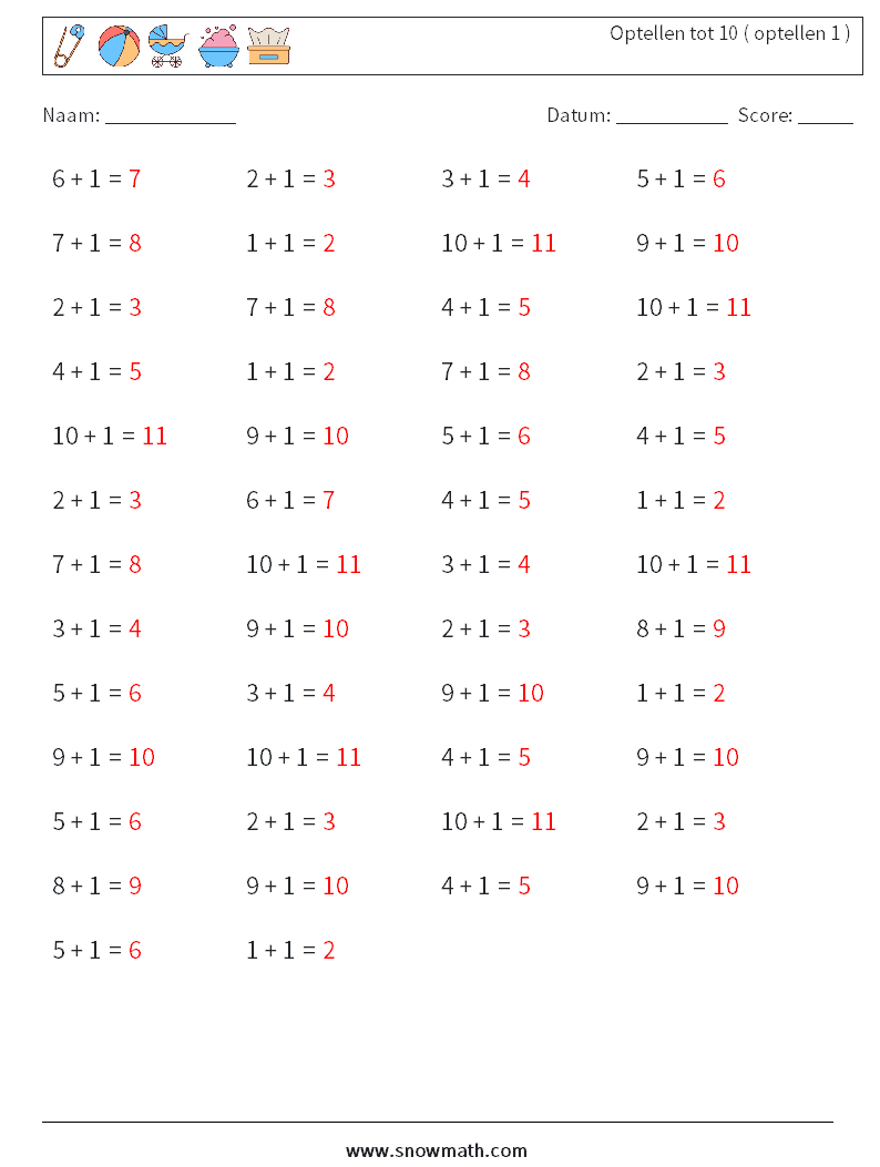(50) Optellen tot 10 ( optellen 1 ) Wiskundige werkbladen 9 Vraag, Antwoord
