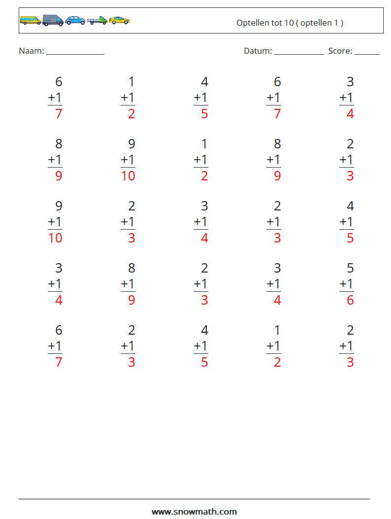 (25) Optellen tot 10 ( optellen 1 ) Wiskundige werkbladen 2 Vraag, Antwoord