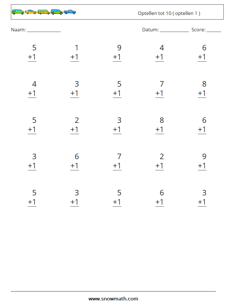 (25) Optellen tot 10 ( optellen 1 ) Wiskundige werkbladen 3