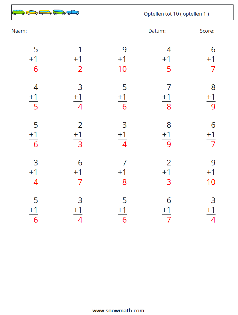 (25) Optellen tot 10 ( optellen 1 ) Wiskundige werkbladen 3 Vraag, Antwoord