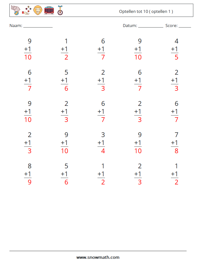 (25) Optellen tot 10 ( optellen 1 ) Wiskundige werkbladen 4 Vraag, Antwoord