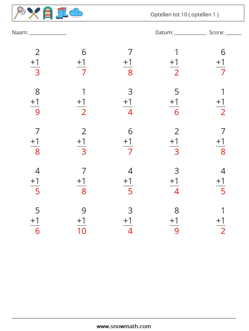 (25) Optellen tot 10 ( optellen 1 ) Wiskundige werkbladen 5 Vraag, Antwoord