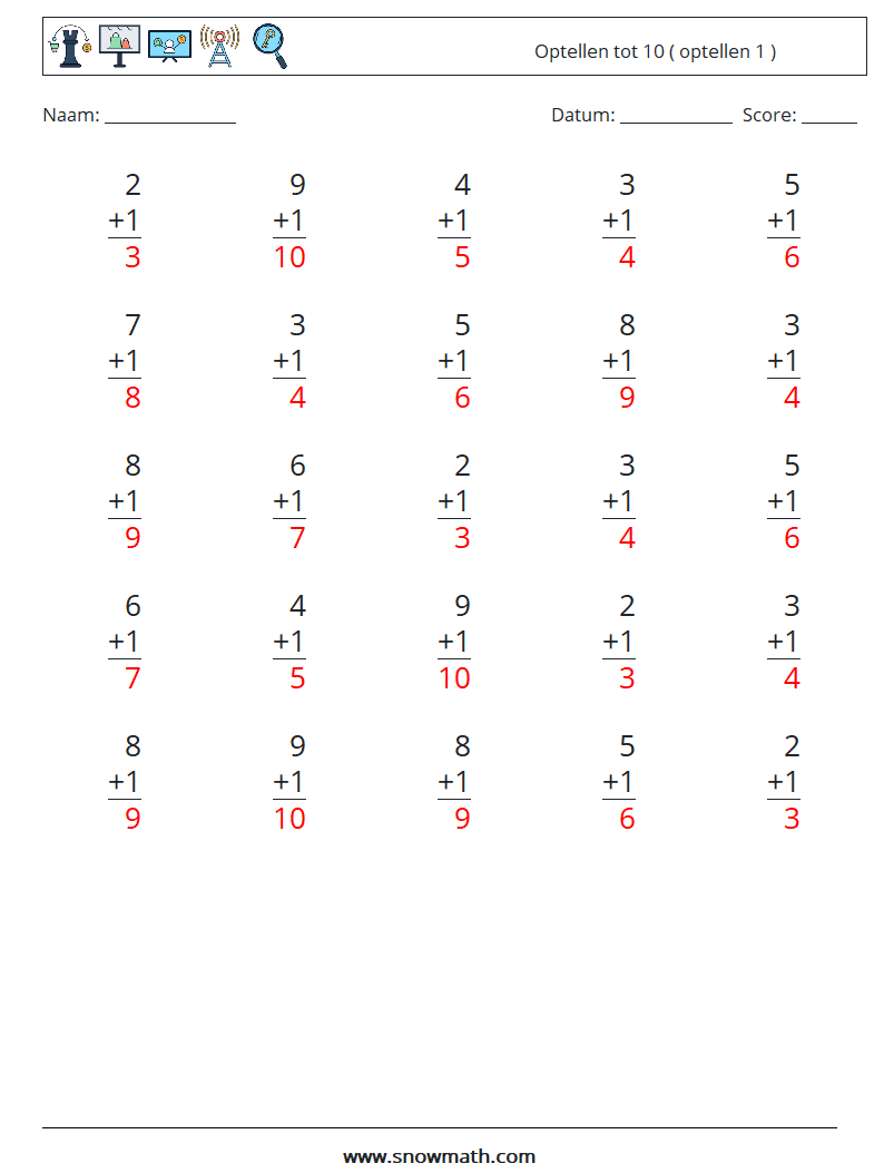 (25) Optellen tot 10 ( optellen 1 ) Wiskundige werkbladen 6 Vraag, Antwoord