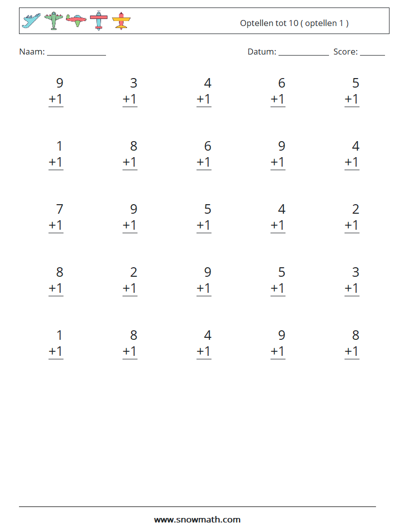 (25) Optellen tot 10 ( optellen 1 ) Wiskundige werkbladen 7