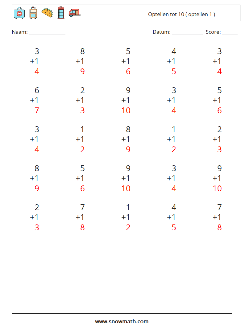 (25) Optellen tot 10 ( optellen 1 ) Wiskundige werkbladen 9 Vraag, Antwoord