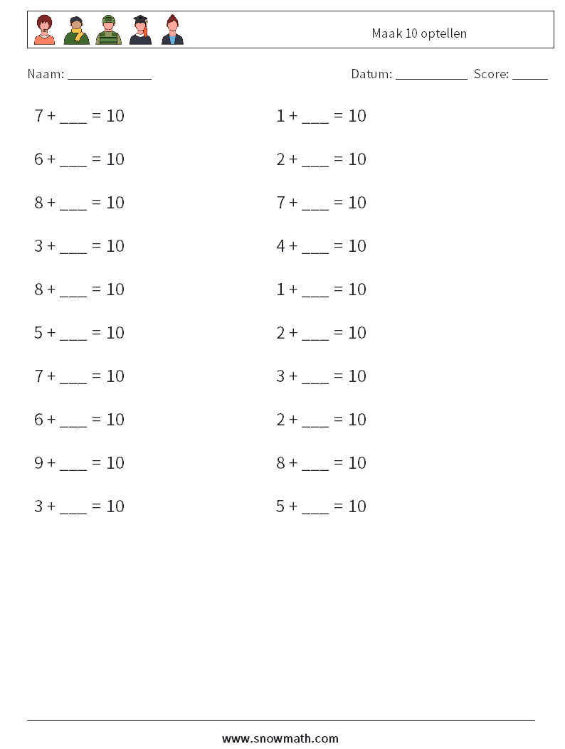 (20) Maak 10 optellen Wiskundige werkbladen 2