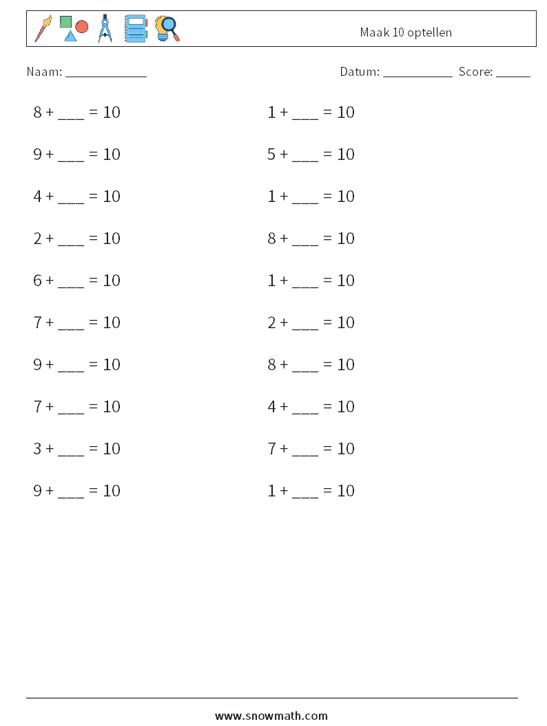(20) Maak 10 optellen Wiskundige werkbladen 3